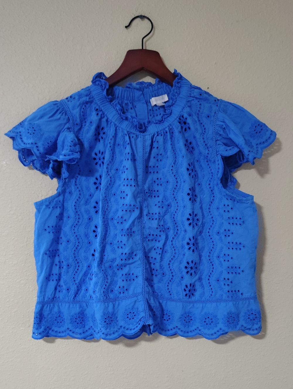 Jennifer & Grace 100% Cotton Eyelet Ruffle High Neck Button Back Top Size L Boho